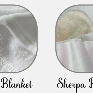 May include: Close-up of two white blankets, one labeled "Fleece Blanket" and the other labeled "Sherpa Blanket". The fleece blanket has a smooth, fuzzy texture, while the sherpa blanket has a fluffy, cloud-like texture.