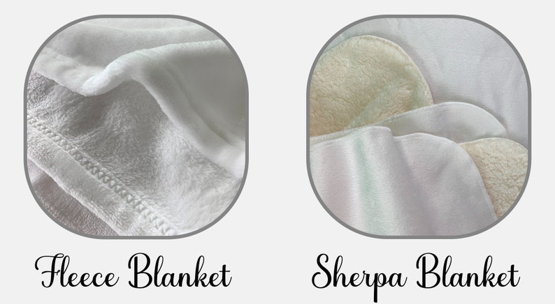 May include: Close-up of two white blankets, one labeled "Fleece Blanket" and the other labeled "Sherpa Blanket". The fleece blanket has a smooth, fuzzy texture, while the sherpa blanket has a fluffy, cloud-like texture.