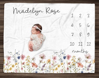 Personalized Wildflower Baby Milestone Blanket, Personalized Baby Month Blanket Vintage Style Botanical Baby Girl Blanket Watercolor Foliage