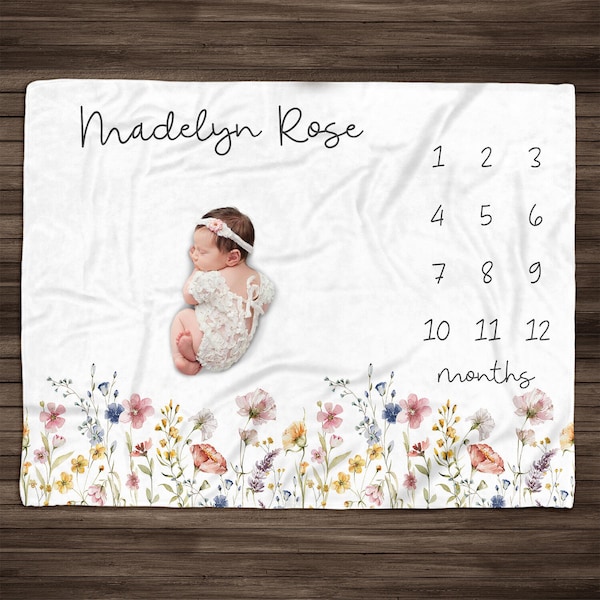 Personalized Wildflower Baby Milestone Blanket, Personalized Baby Month Blanket Vintage Style Botanical Baby Girl Blanket Watercolor Foliage