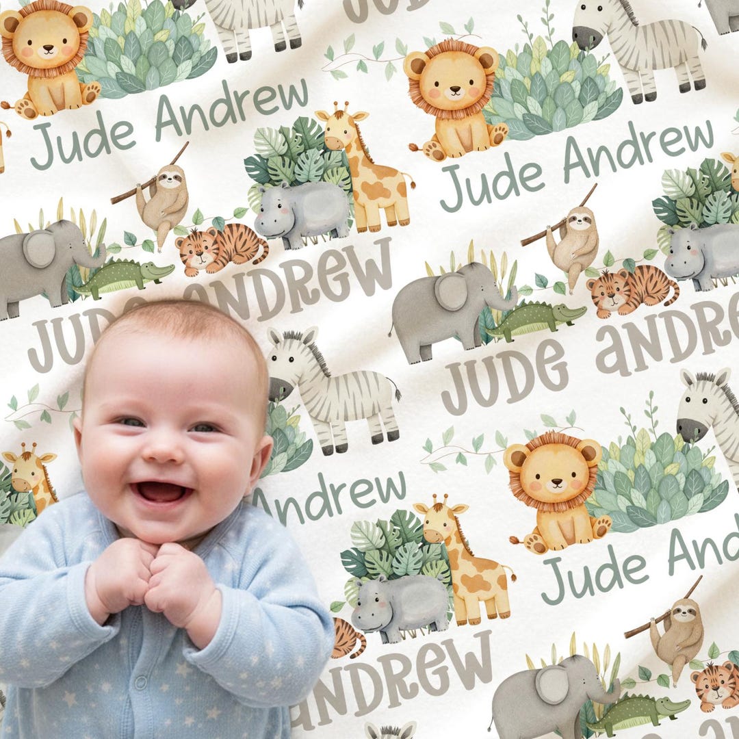 Personalized Safari Animal Baby Blanket, Custom Woodland Nursery Decor ...