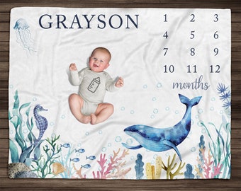 Twins Sea Animals Milestone Blanket Watercolor Ocean Baby Girl Under ...