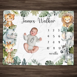 Personalized Safari Animal Milestone Blanket Boy Monthly Photos Blanket, Woodland Animals Newborn Nursery, Baby Age Blanket Baby Shower Gift