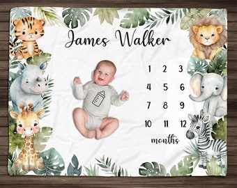 Personalized Safari Animal Milestone Blanket Boy Monthly Photos Blanket, Woodland Animals Newborn Nursery, Baby Age Blanket Baby Shower Gift