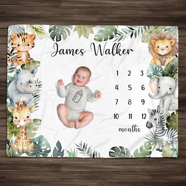 Personalized Safari Animal Milestone Blanket Boy Monthly Photos Blanket, Woodland Animals Newborn Nursery, Baby Age Blanket Baby Shower Gift