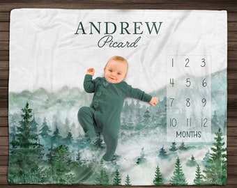 Personalized Mountains Baby Milestone Blanket Boy, Woodland Milestone Blanket, Personalized Baby Blanket, Baby Month Blanket, Baby Blanket