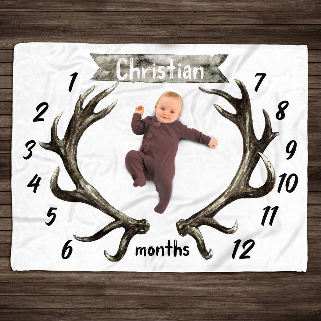 Deer Buck Milestone Blanket, Antlers Baby Boy Blanket, Woodland