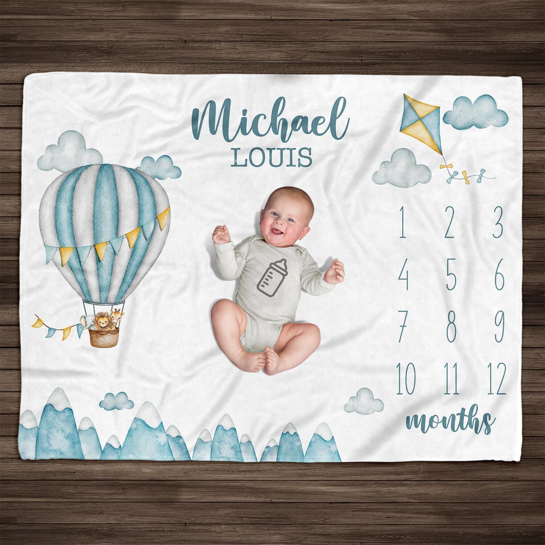 Personalized Hot Air Balloon Baby Milestone Blanket Boy, Baby Milestone ...