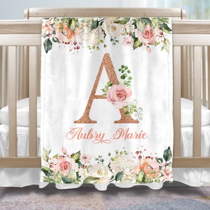 Floral Rose Monogram Baby Blanket: Personalized Girl Name Blanket