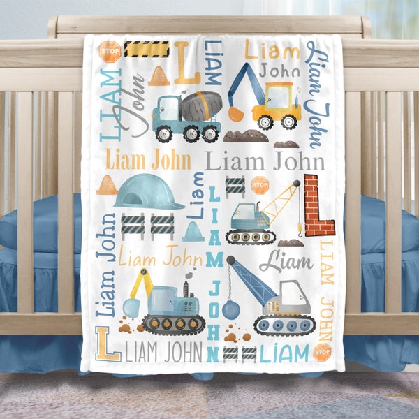 Personalized Construction Trucks Baby Boy Blanket, Baby Name Blanket, Newborn Nursery, Baby Boy Construction Blanket, Baby Boy Shower Gift