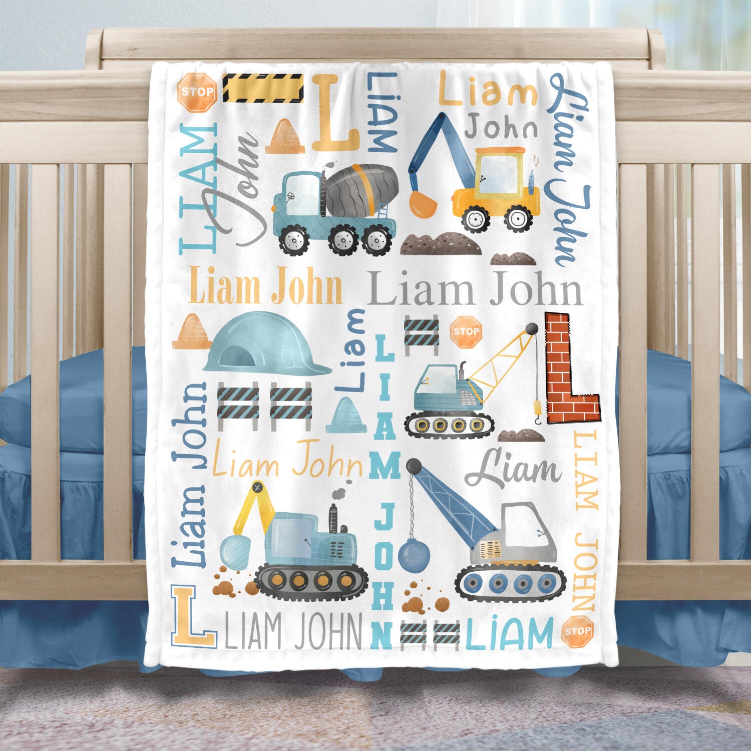 Personalized Construction Trucks Baby Blanket: Boy Nursery Decor