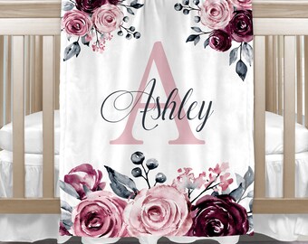 Floral Rose Personalized Baby Blanket: Custom Name Girl Gift