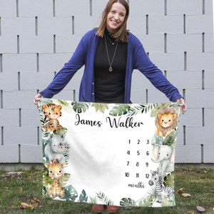 Personalized Safari Animal Baby Milestone Blanket: Monthly Photo Prop ...