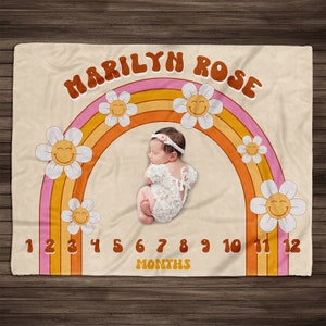 Personalized Groovy Rainbow Milestone Baby Blanket, Baby Milestone Blanket, Milestone Blanket Girl, Monthly Milestone Blanket, Baby Gift