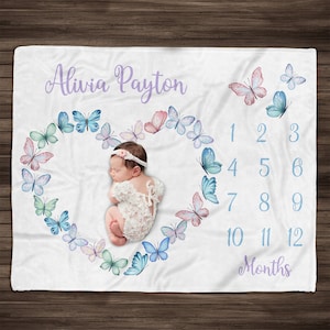 Butterfly Baby Milestone Blanket, Personalized Baby Blankie, Monthly Baby Blanket, Baby Girl Blanket, Lavender Mint Butterfly Baby Blanket