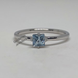 Princess Aquamarine Ring: Dainty 925 Sterling Silver Halo