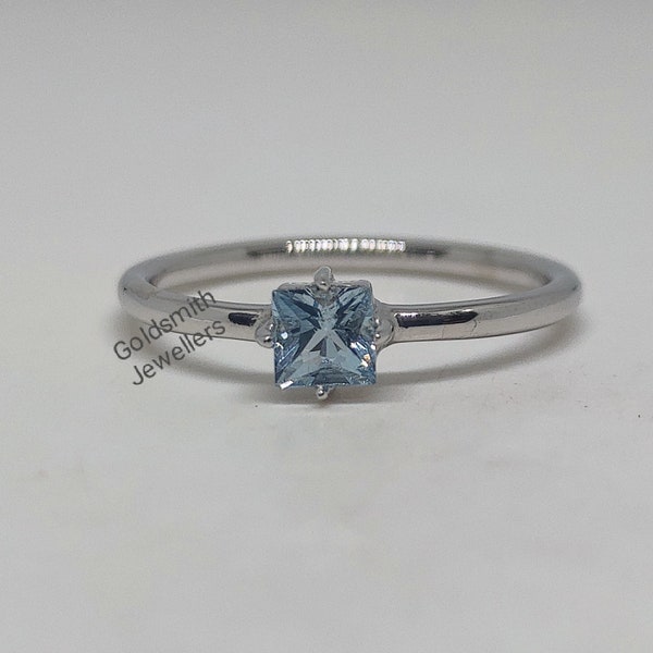 Princess Aquamarine Ring, Promise Ring, Dainty Aquamarine Ring, 925 Sterling Silver, Tiny Silver Halo Ring, Birthday Gift, Stacking Ring.