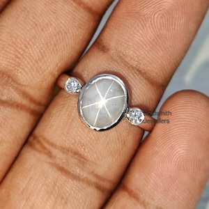 Genuine White Star Sapphire Ring, Engagement Ring, 14K White Gold, AAA Quality Gemstone, Diamond Ring, Promise Ring, Grey Star Sapphire.
