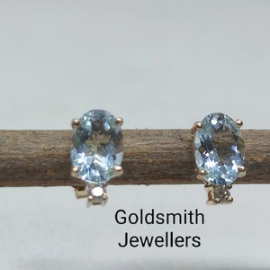 14K Gold Aquamarine Diamond Stud Earrings: Dainty Women&#39;s Jewelry