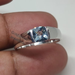 Genuine Aquamarine Ring: 925 Sterling Silver Cushion Solitaire
