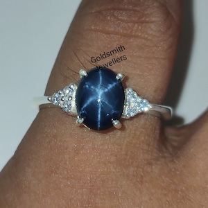 Genuine Star Blue Sapphire Ring: 925 Sterling Silver, Moissanite Accents