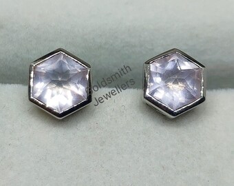 Rose Quartz Stud Earrings: Hexagon 925 Sterling Silver Dainty Studs