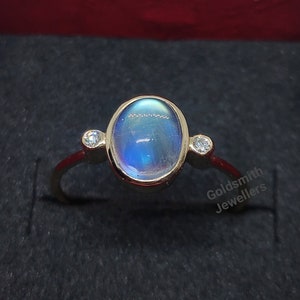 Rainbow Moonstone Ring, AAA Quality Gemstone , 14k Gold Ring, Birthstone Ring, Moonstone Diamond Ring, 2nd Anniversary Ring, Gift For Her.