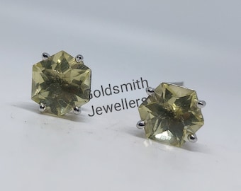 Lemon Quartz Stud Earrings: Hexagon 925 Sterling Silver