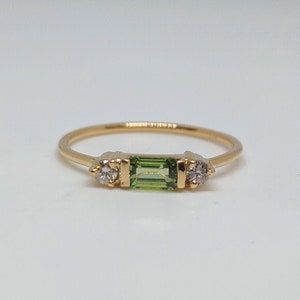 14k Gold green sapphire, Diamond Ring, Minimalist  Ring, Baguette Sapphire  Ring, 2nd Anniversary Ring, Gold  Ring, Gift for her.