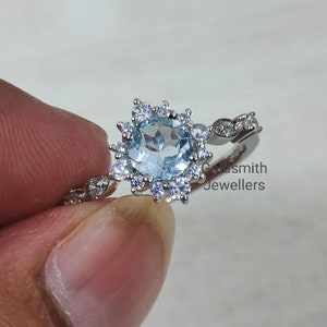 Vintage Aquamarine Ring, Engagement Ring, 925 Sterling Silver, Promise Ring, Cubic Zirconia Ring, Anniversary Ring, Woman Ring Gift, Dainty.