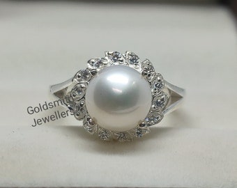 Natural Pearl Ring: 925 Sterling Silver, CZ Diamond Halo
