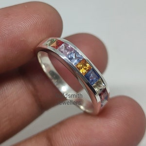 Princess Cut Multi Sapphire Ring: 925 Sterling Silver Stacking Band