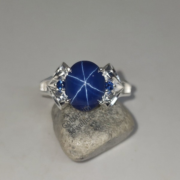 Lindy Blue Star Ring, Vintage Blue Star Ring, 925 Silver Ring, Lab Blue Star Sapphire Ring, Stackable Ring, Promise Ring, Gift for Her.