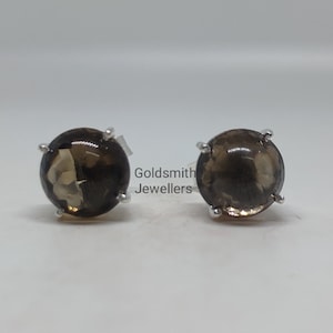 Round Smoky Quartz Stud Earring, Minimalist Studs, 925 Sterling Silver, Genuine Smoky Quartz Earring, Birthday Gift, Women Stud Earrings.