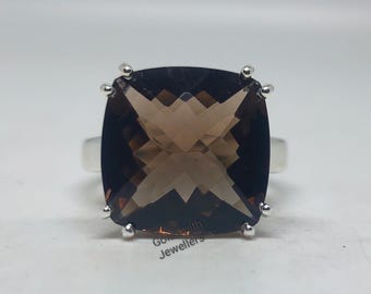 Cushion Smoky Quartz Ring: 925 Sterling Silver Statement Ring