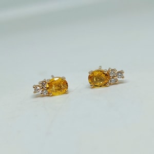 Yellow Sapphire and Diamond Earrings, 14k Gold Earring, Dainty Gold Stud Earrings, Duel Stone Earrings, Bridal Gift Earrings, Women Studs,