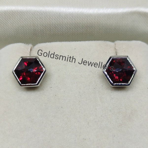 Natural Garnet Stud Earrings, Hexagon cut Studs, Minimalist Earrings, 925 Sterling Silver, Dainty Garnet Stud, Daughter's Gift, Stud Gift.