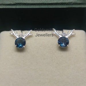 Round Natural Blue Topaz Set, 925 Sterling Silver, Double Prong Filigree Stud Earrings,  Gift For Her, Engagement Earring, Vintage Earring.