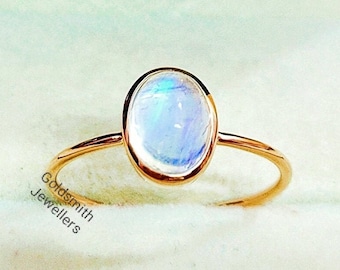 Rainbow Moonstone Ring: 14k Yellow Gold Oval Birthstone Ring