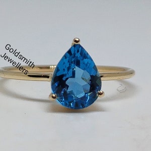 Anillo de topacio azul con corte de pera, anillo de oro amarillo de 14 k, anillo de topacio azul natural, anillo de todos los días, anillo de promesa delicado, regalo para todos, anillos hechos a mano.