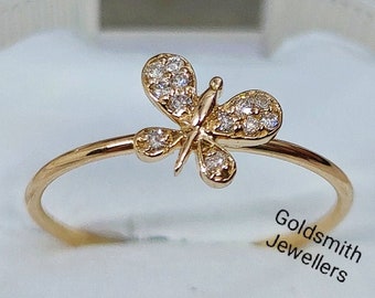 Dainty Diamond Butterfly Ring, Solid 14K Gold Ring, Diamond Ring, Gift for Her, Butterfly Jewelry, Wedding Fine Jewelry, Bridesmaid Gifts.