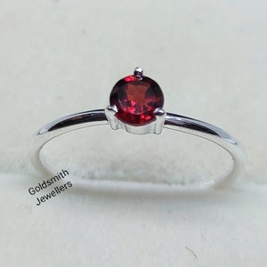 Dainty Round Garnet Ring: 925 Sterling Silver Minimalist Band