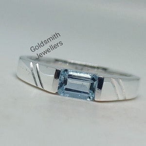 Emerald Cut Aquamarine Ring: 925 Sterling Silver Solitaire