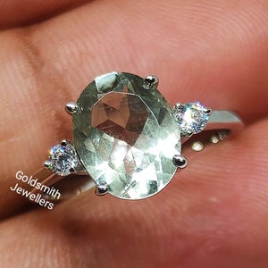 Green Amethyst Ring: 925 Sterling Silver Solitaire with Zirconia