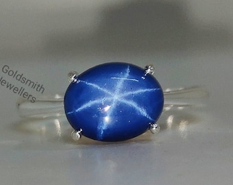 Blue Star Sapphire Ring, Minimalist Ring, 925 Sterling Silver, Oval Blue Star Ring, Minimalist Ring, Solitaire Ring, Handmade Jewelry Gift.