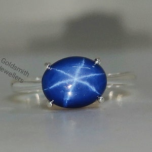 Oval Blue Star Sapphire Ring: Minimalist Sterling Silver Solitaire