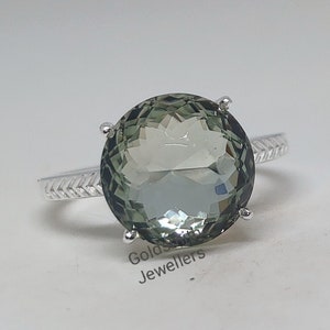 Genuine Green Amethyst Ring Prasiolite Ring Solitaire Ring 925 Sterling Silver Round Green Amethyst Ring Promise Ring Women Gift Ring.