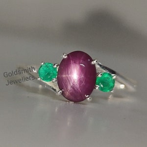 Star Ruby Ring: Sterling Silver, Emerald Accents, July Birthstone