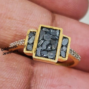 Black Diamond Chip Ring: Sterling Silver Gold Plated Band