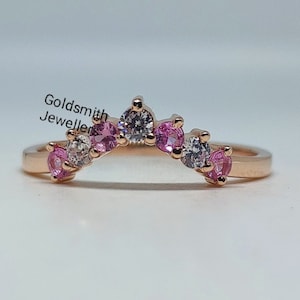 Pink Sapphire & CZ Gold Ring, V Shape Ring, Minimalist Ring, 10k Rose Gold Ring, Dainty V Ring, Sapphire Chevron Ring, Anniversary Ring,.